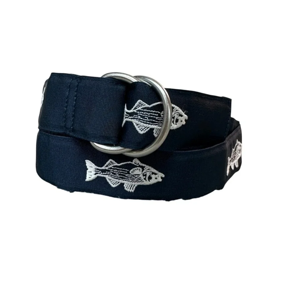 Vineyard Vines Mens Navy Blue Striped Bass Fish Embroidered D-Ring Belt Size M